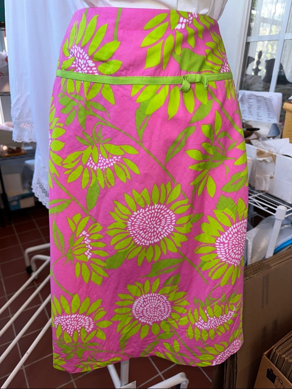 Lilly Pulitzer Bright Pink &‎  Lime Floral Cotton A Line Skirt